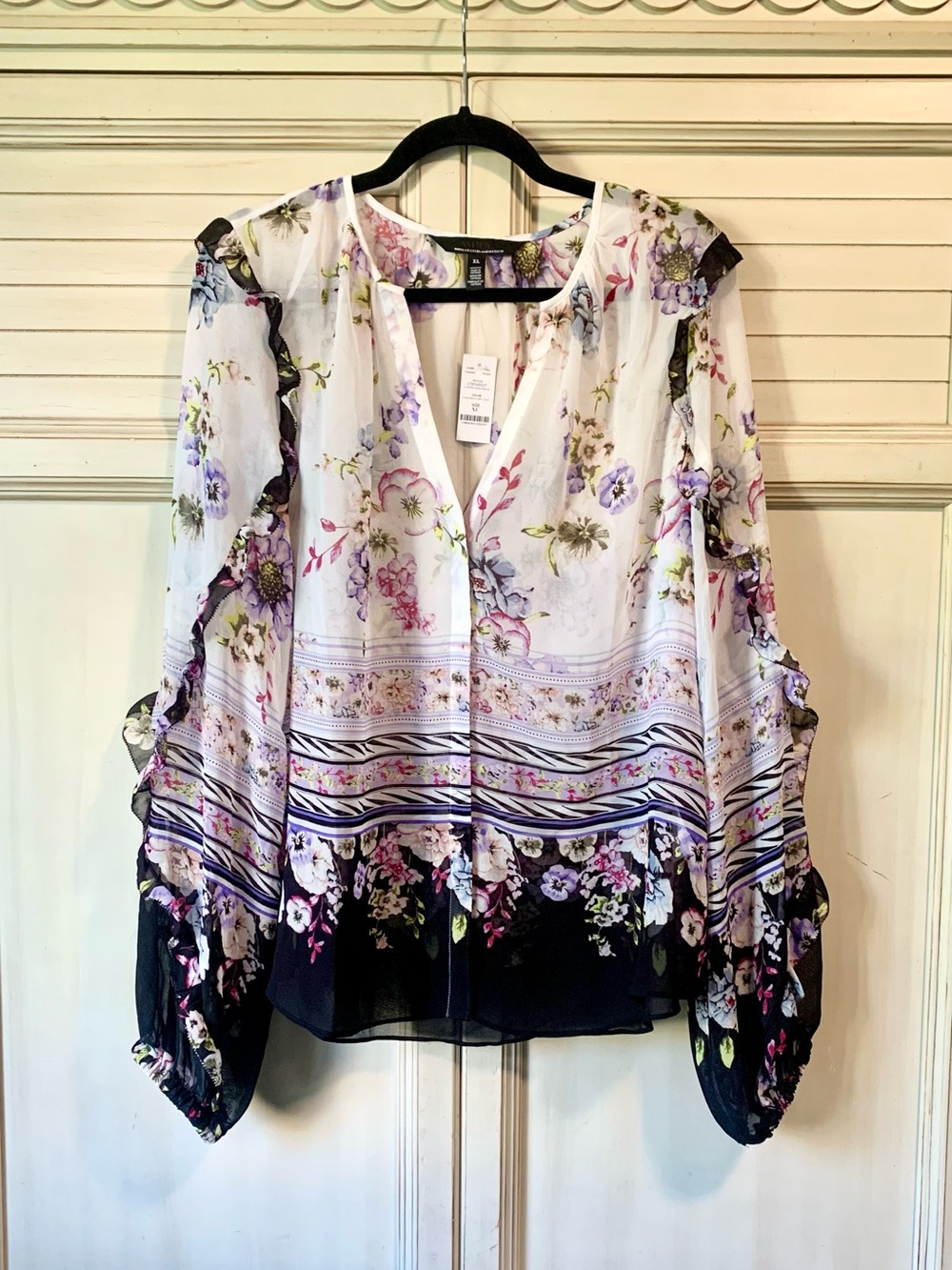 NWT White House Black Market Sheer Button Up Floral Top Boho Bohemian XL